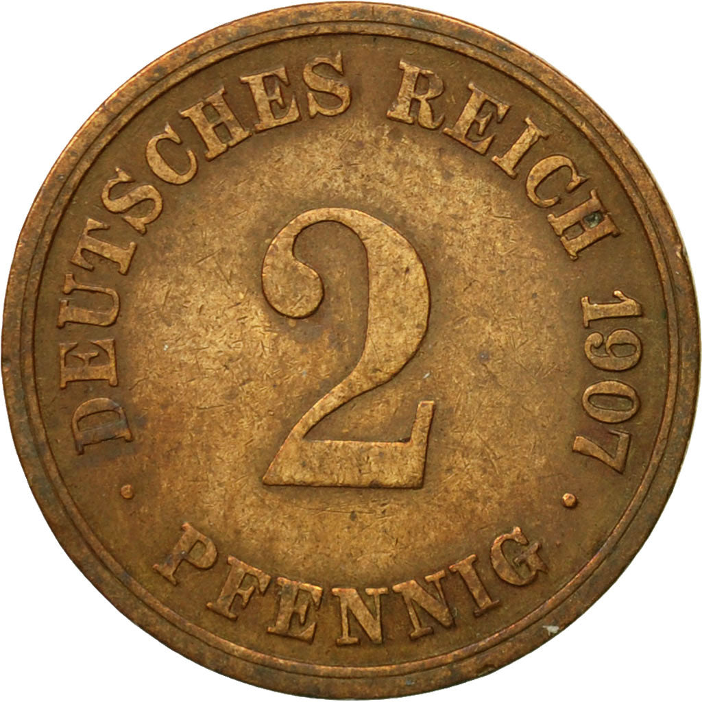Coin, GERMANY - EMPIRE, Wilhelm II, 2 Pfennig, 1907, Karlsruhe, EF(40-45)