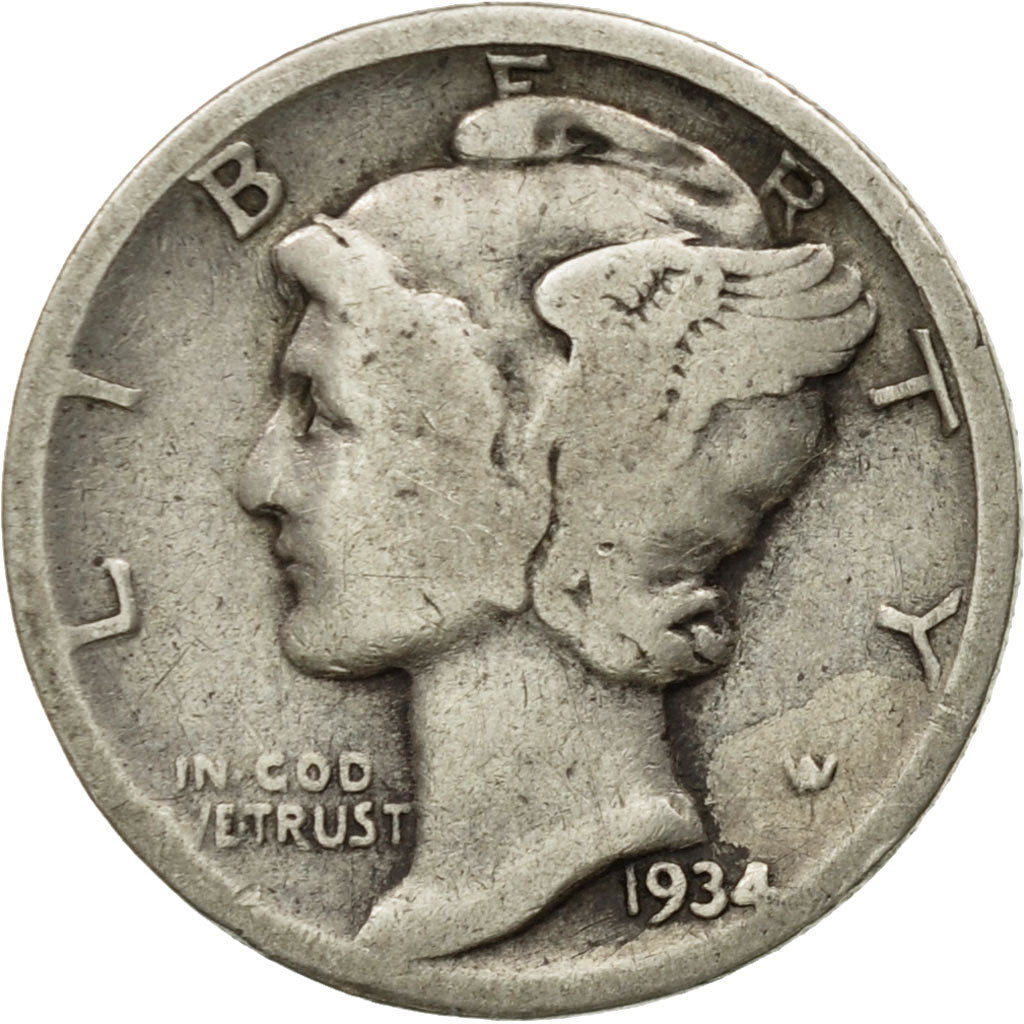 Coin, United States, Mercury Dime, Dime, 1934, U.S. Mint, Philadelphia