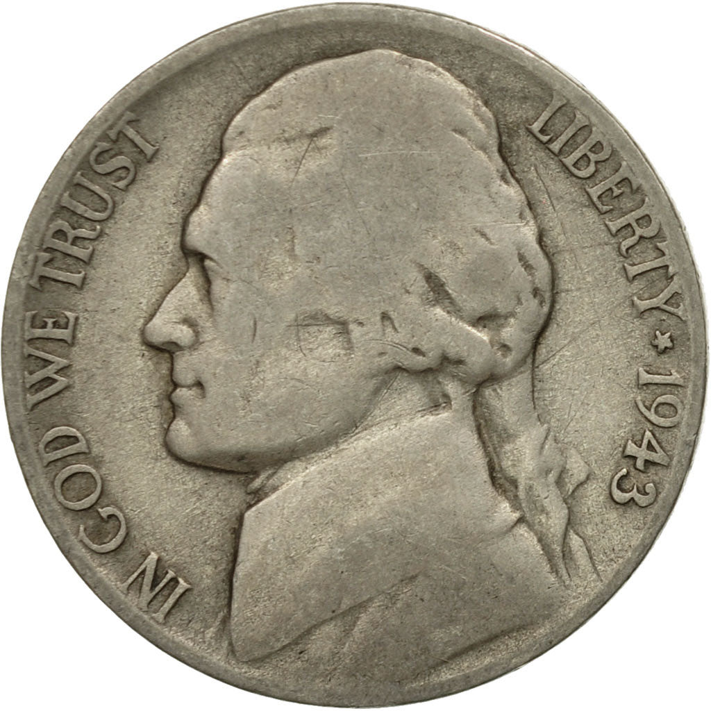Coin, United States, Jefferson Nickel, 5 Cents, 1943, U.S. Mint, Philadelphia