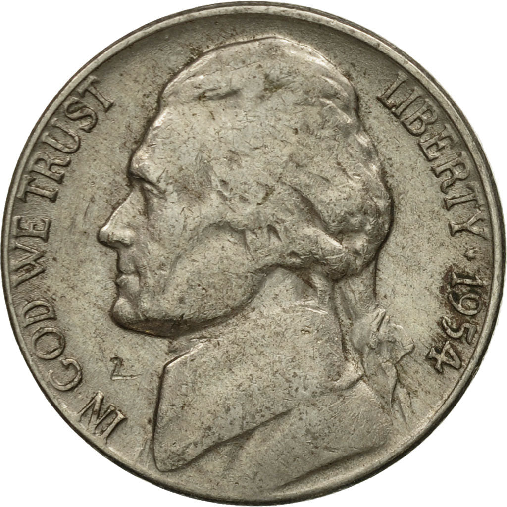 Coin, United States, Jefferson Nickel, 5 Cents, 1954, U.S. Mint, Denver