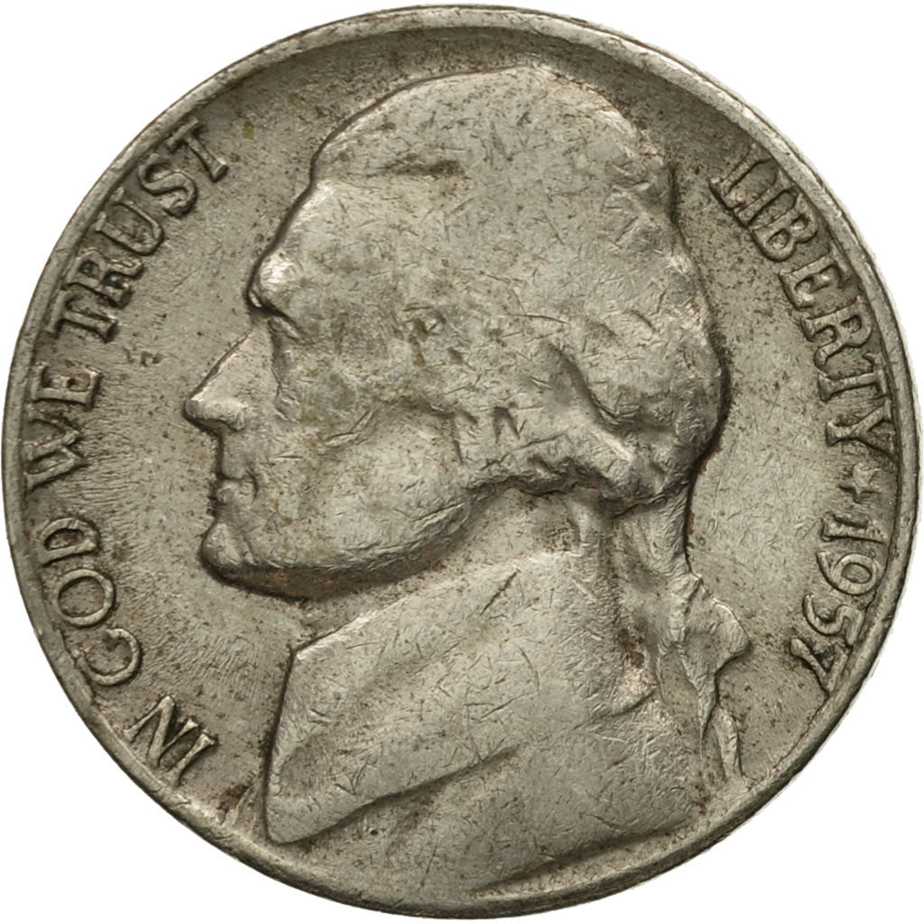 Coin, United States, Jefferson Nickel, 5 Cents, 1957, U.S. Mint, Denver