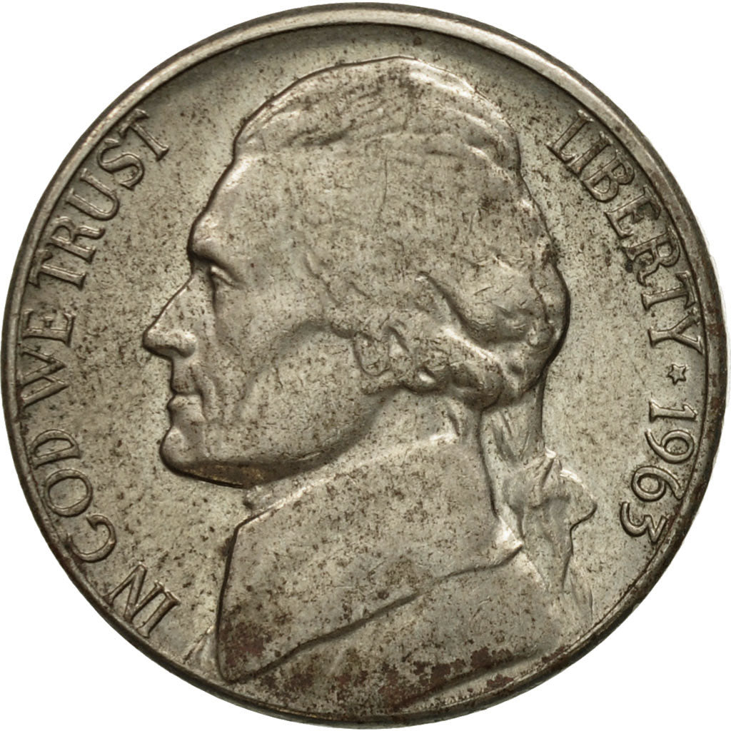 Coin, United States, Jefferson Nickel, 5 Cents, 1963, U.S. Mint, Denver