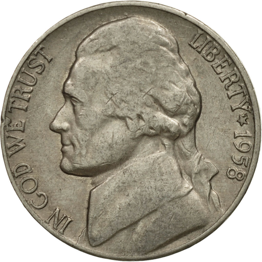 Coin, United States, Jefferson Nickel, 5 Cents, 1958, U.S. Mint, Denver