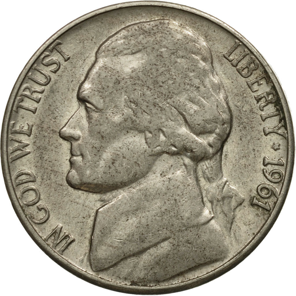 Coin, United States, Jefferson Nickel, 5 Cents, 1961, U.S. Mint, Denver