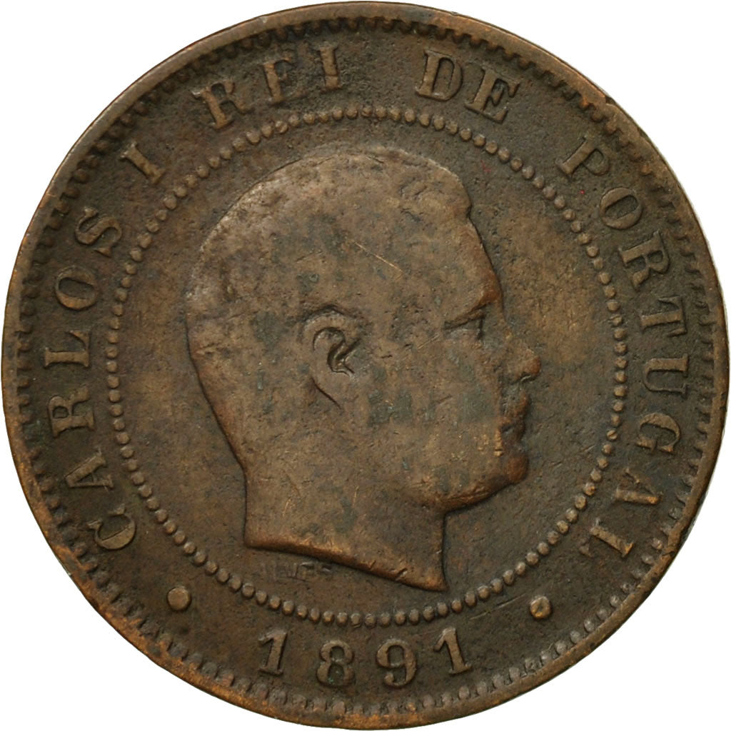 Moneta, Portugal, Carlos I, 10 Reis, 1891, Portugal Mint, EF(40-45), Bronze