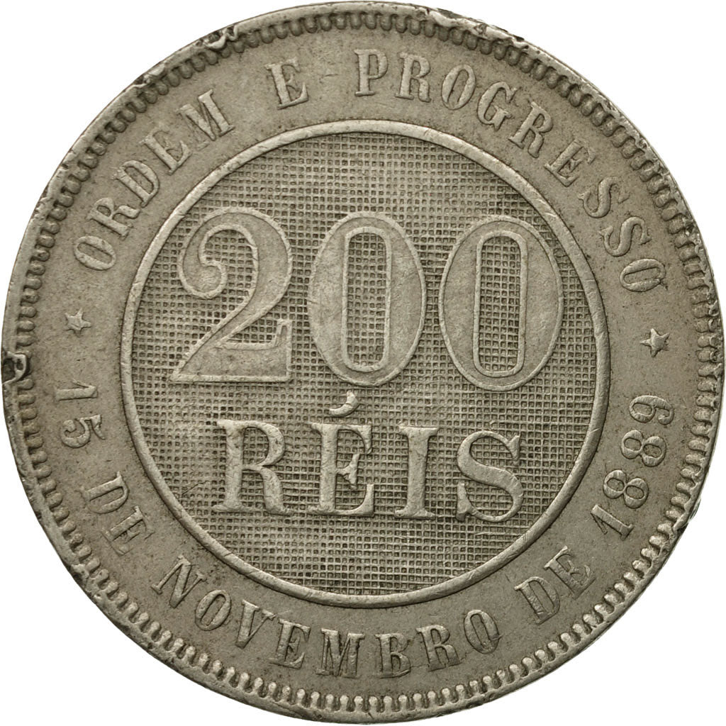 Coin, Brazil, 200 Reis, 1889, EF(40-45), Copper-nickel, KM:493