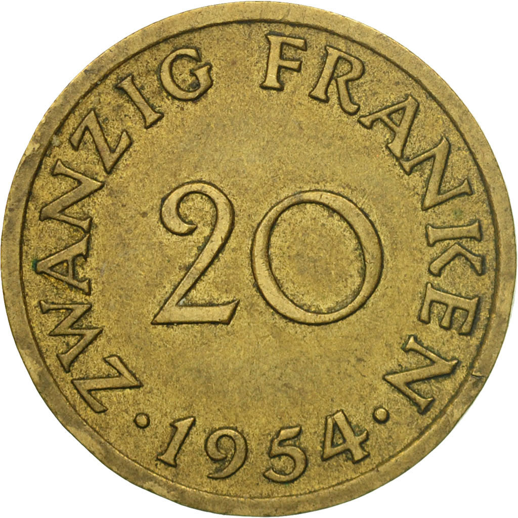 Coin, SAARLAND, 20 Franken, 1954, Paris, VF(30-35), Aluminum-Bronze, KM:2