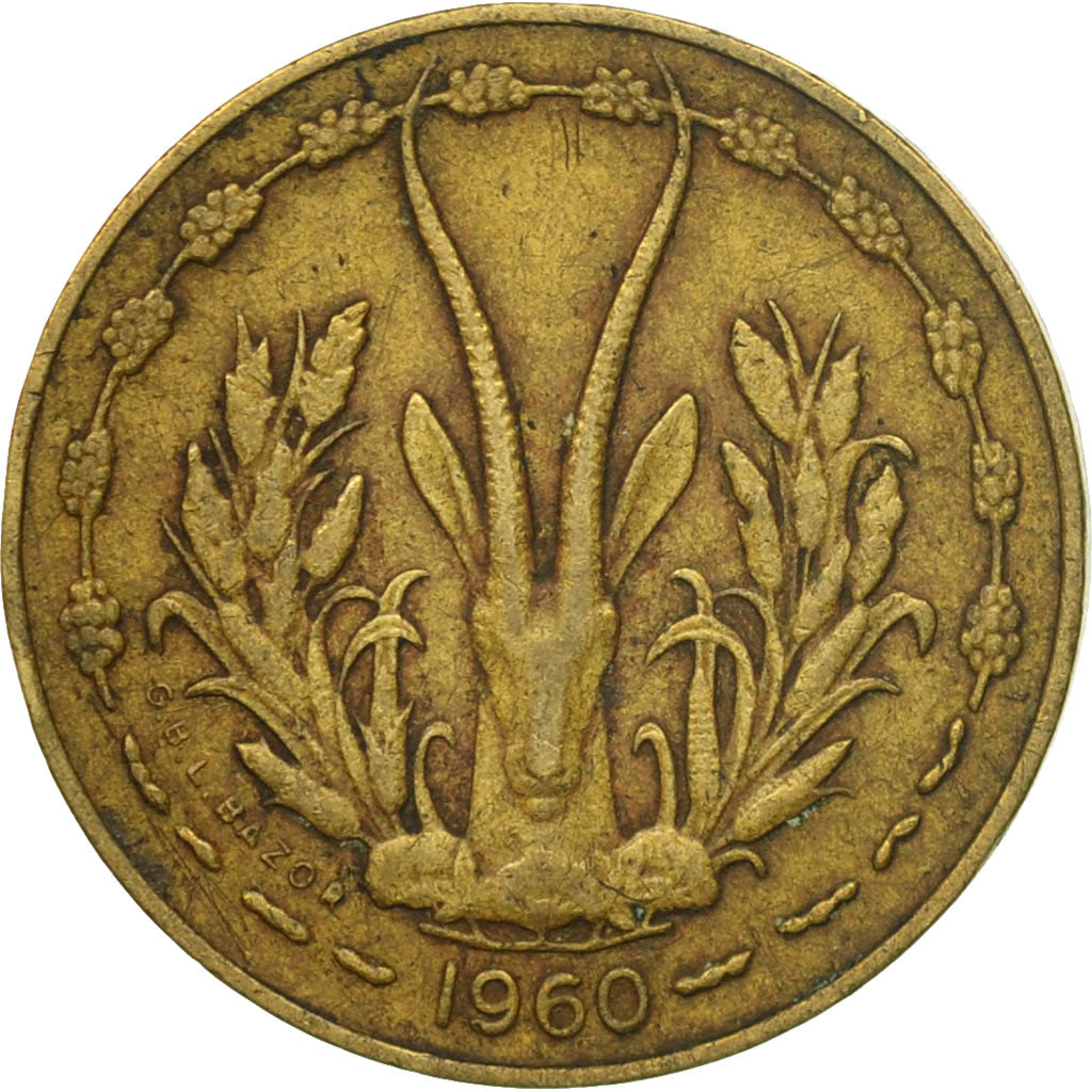 Coin, West African States, 5 Francs, 1960, Paris, EF(40-45), Aluminum-Bronze