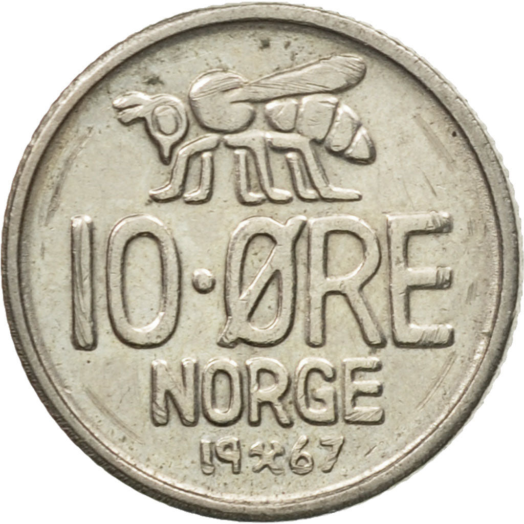 Moneta, Norvegia, Olav V, 10 Öre, 1967, BB+, Rame-nichel, KM:411