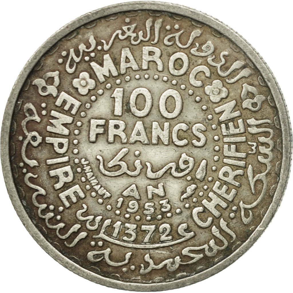 Coin, Morocco, Mohammed V, 100 Francs, 1953, Paris, EF(40-45), Silver, KM:52