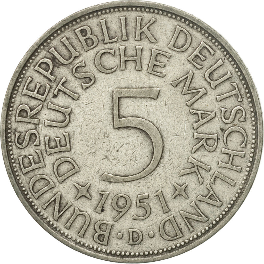 Coin, GERMANY - FEDERAL REPUBLIC, 5 Mark, 1951, Munich, EF(40-45), Silver