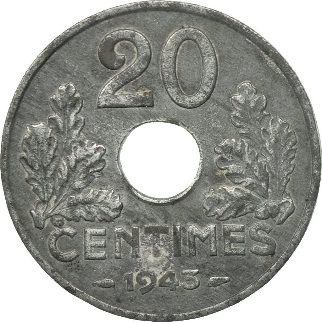 Coin, France, État français, 20 Centimes, 1943, Paris, VF(30-35), Zinc