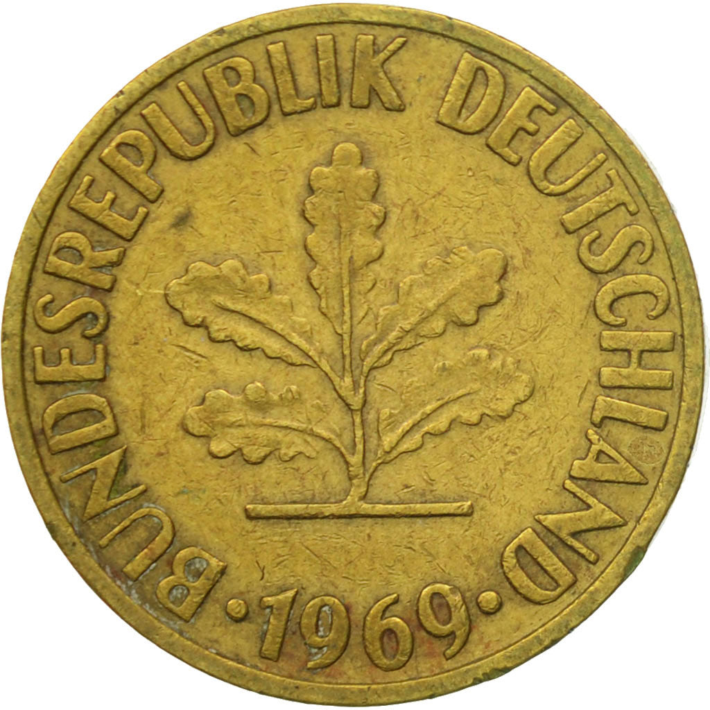 Coin, GERMANY - FEDERAL REPUBLIC, 10 Pfennig, 1969, Stuttgart, VF(30-35), Brass