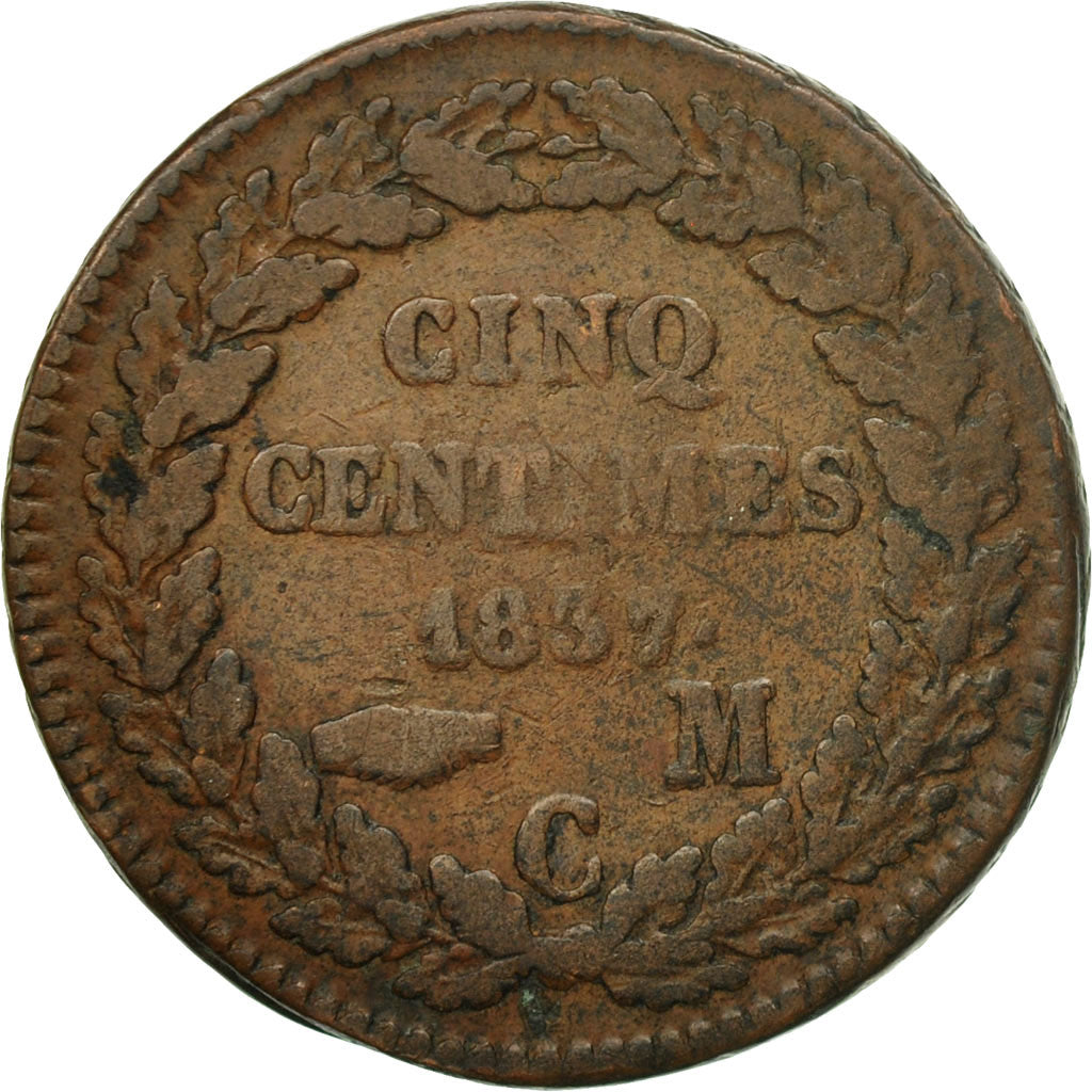 Coin, Monaco, Honore V, 5 Centimes, Cinq, 1837, Monaco, VF(20-25), Copper