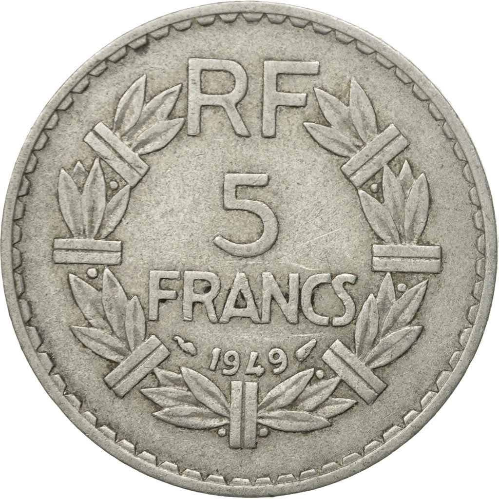 Moneda, Francia, Lavrillier, 5 Francs, 1949, Paris, BC+, Aluminio, KM:888b.1