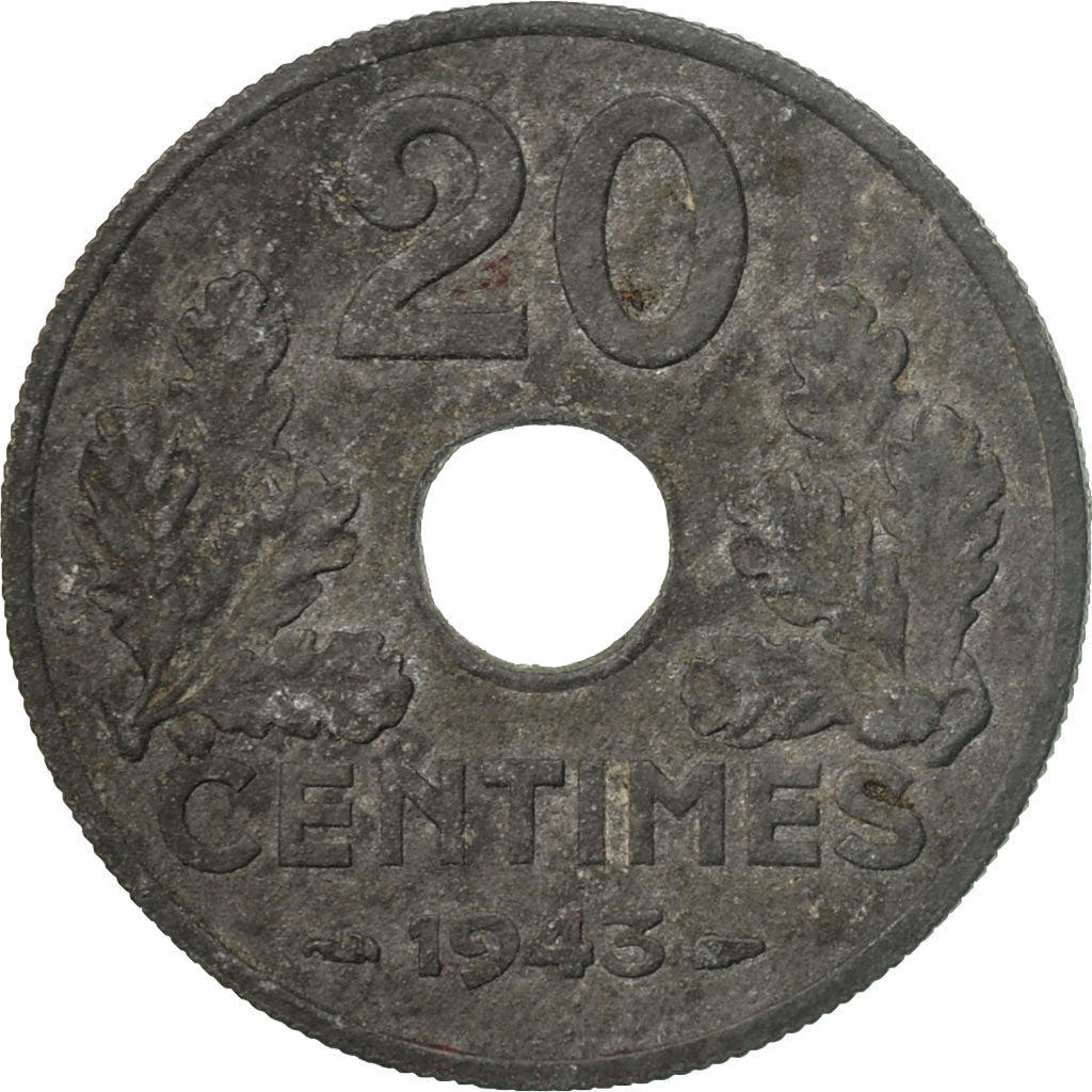 Moneda, Francia, État français, 20 Centimes, 1943, Paris, BC+, Cinc, KM:900.1