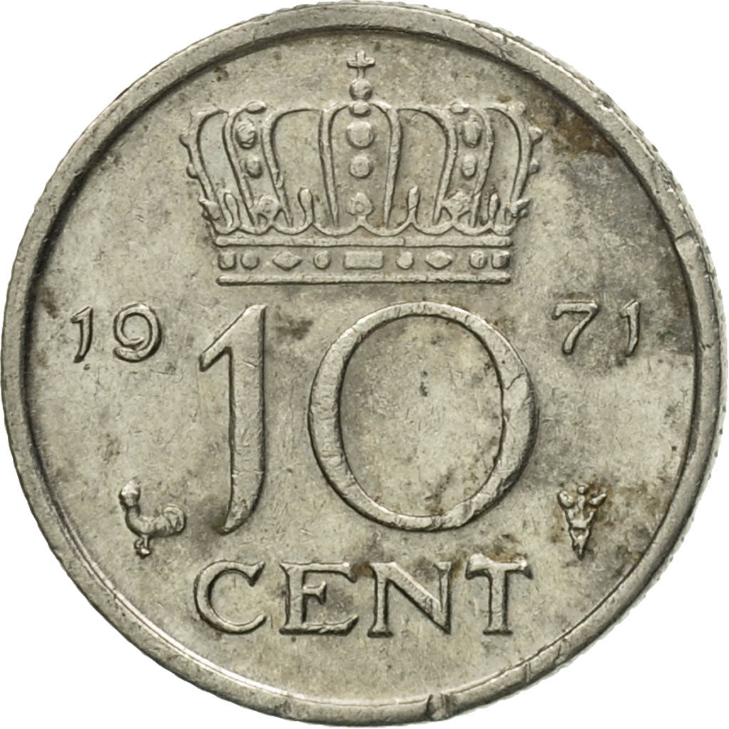 Moneda, Países Bajos, Juliana, 10 Cents, 1971, BC+, Níquel, KM:182