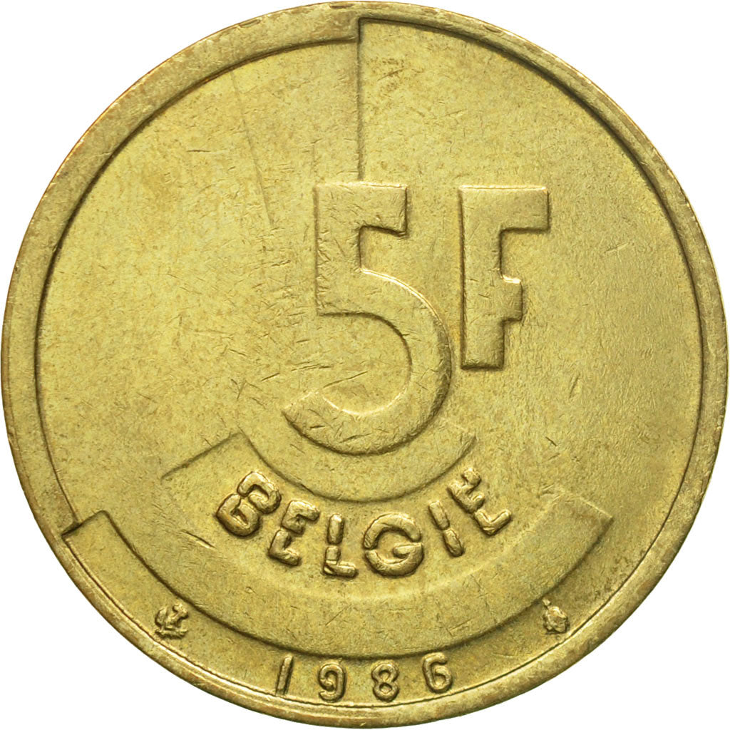 Moneta, Belgio, 5 Francs, 5 Frank, 1986, MB, Ottone o alluminio-bronzo, KM:164