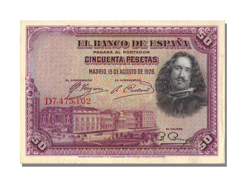 Spain, 50 Pesetas, 1928, KM #75b, 1928-08-15, AU(55-58), D