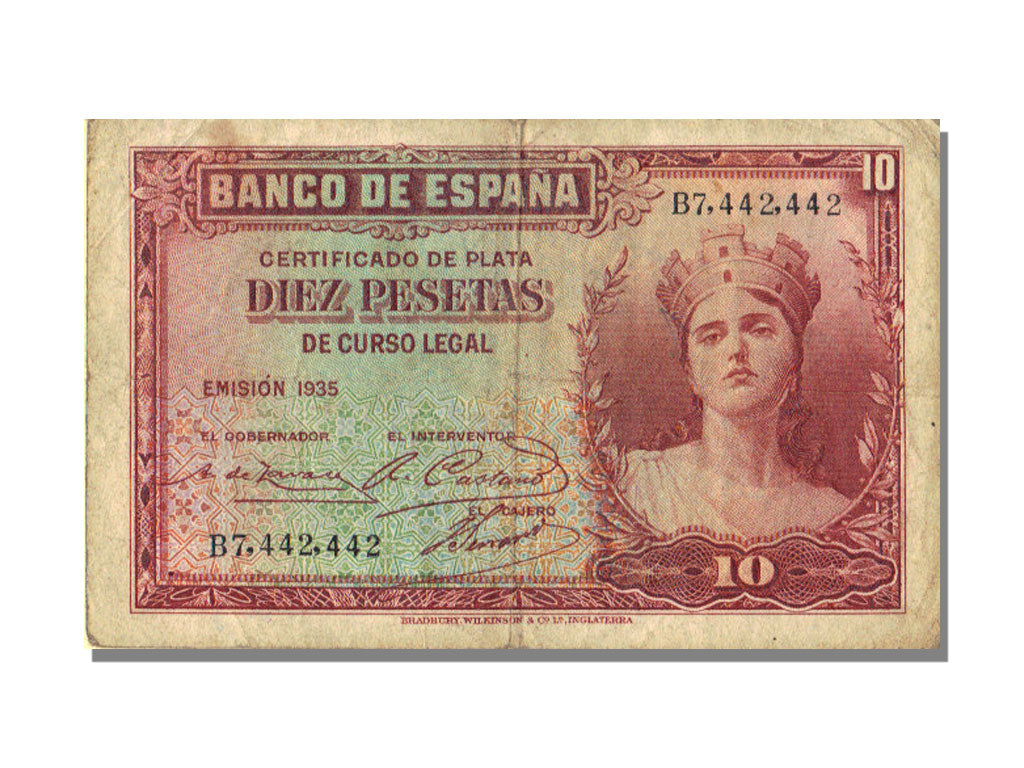 Spain, 10 Pesetas, 1935, KM #86a, VF(30-35), B