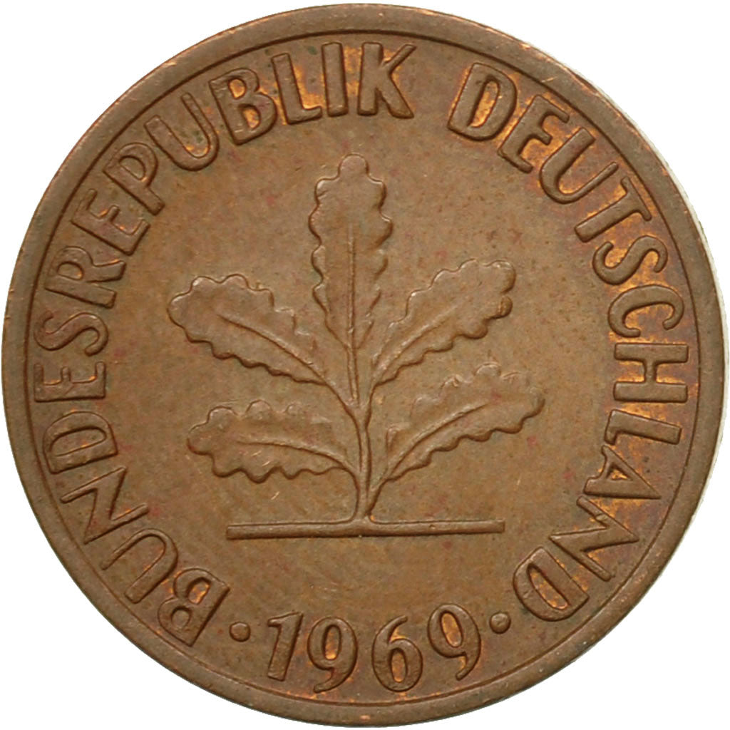 Coin, GERMANY - FEDERAL REPUBLIC, Pfennig, 1969, Karlsruhe, EF(40-45), Copper