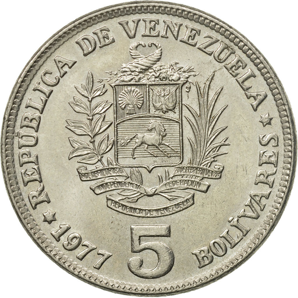 Coin, Venezuela, 5 Bolivares, 1977, AU(50-53), Nickel, KM:53.1