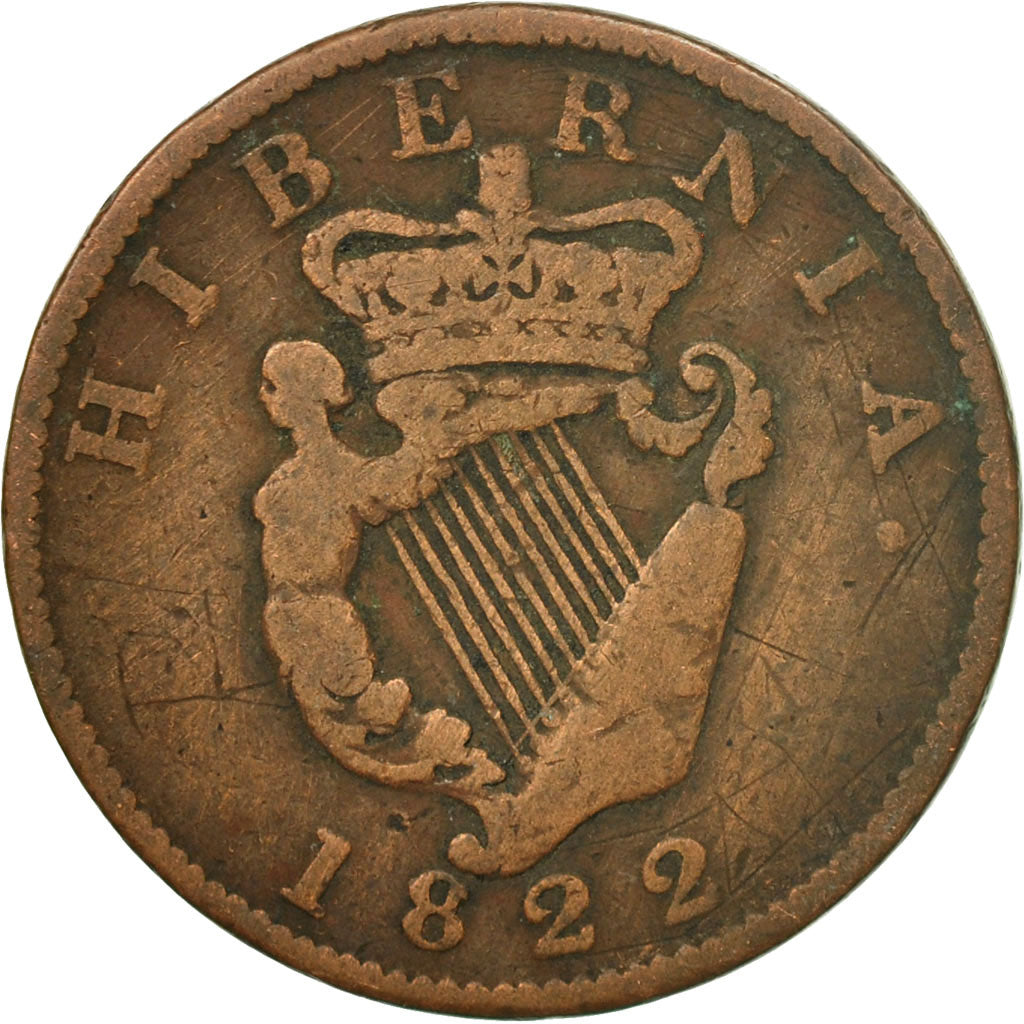 Coin, Ireland, 1/2 Penny, 1822, VF(30-35), Copper, KM:150