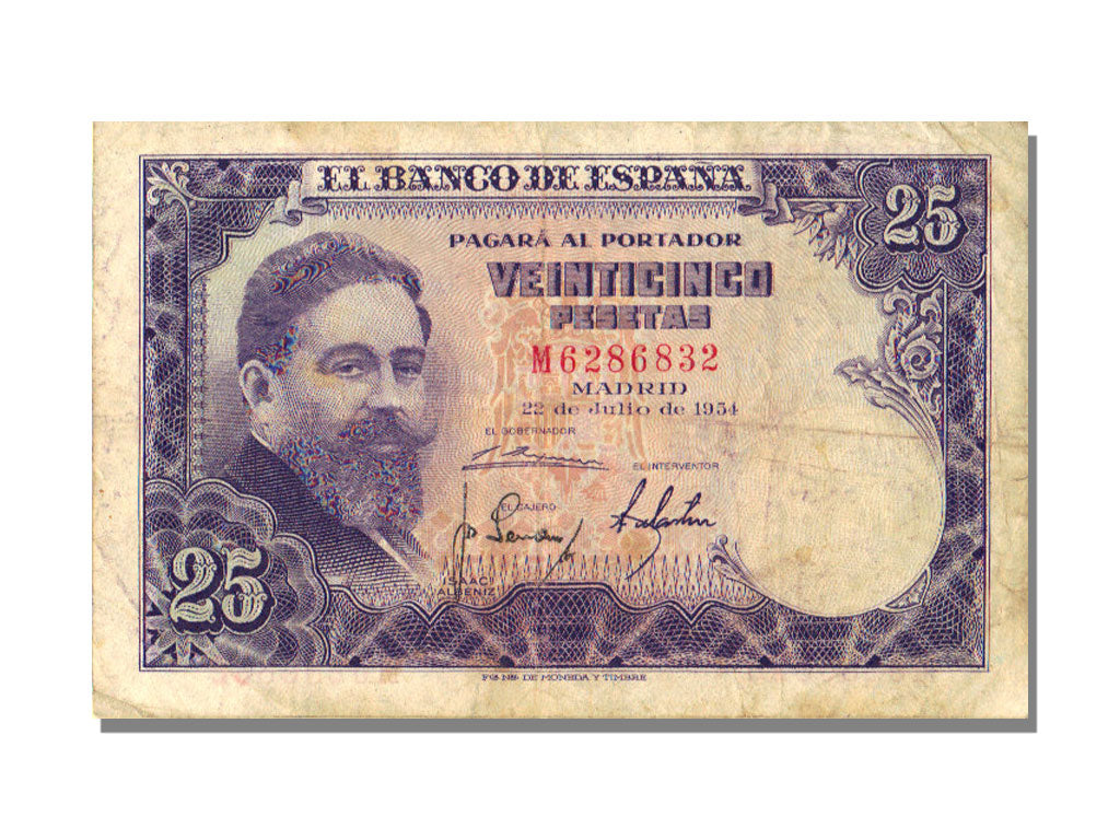 Spain, 25 Pesetas, 1954, 1954-07-22, VF(20-25), M