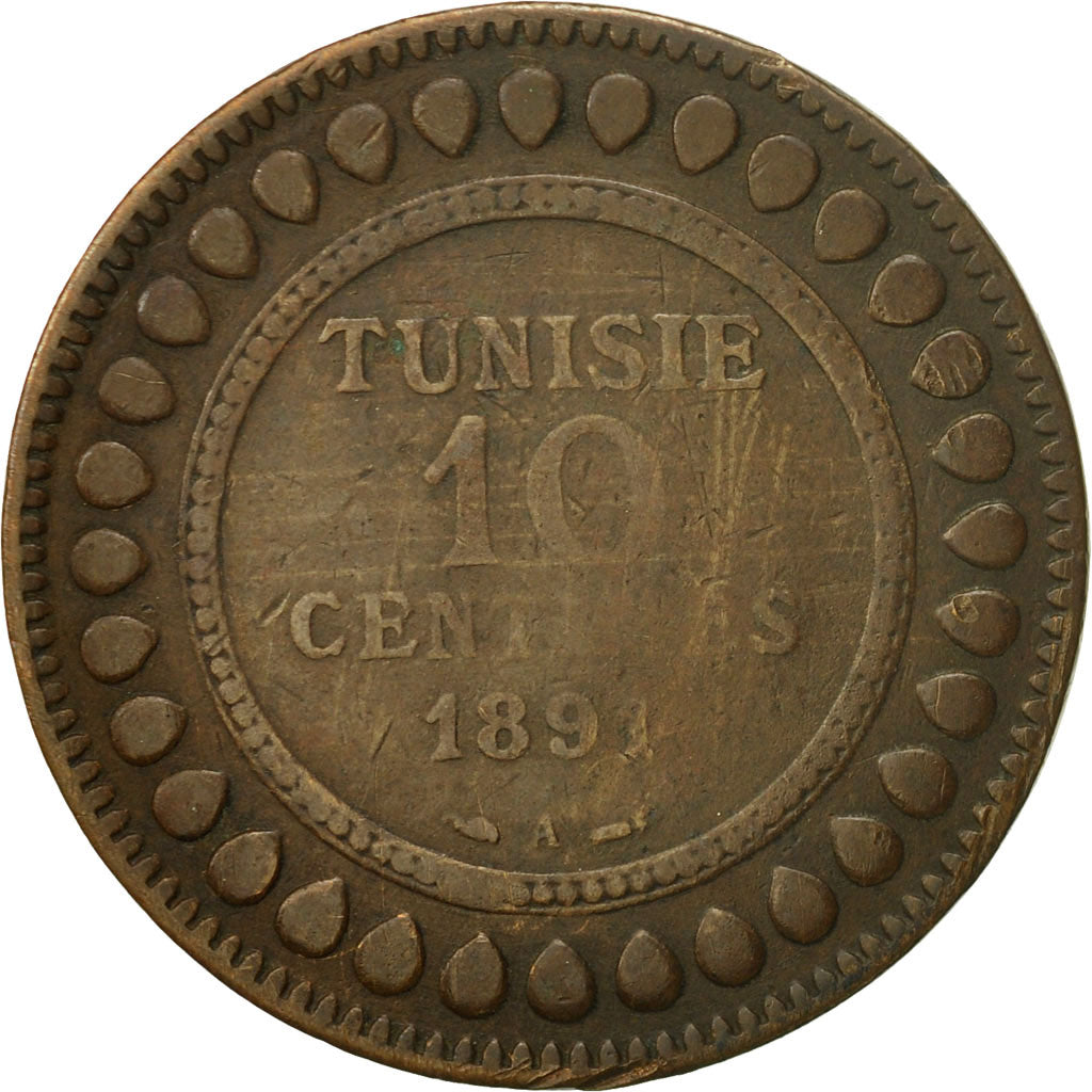 Coin, Tunisia, Ali Bey, 10 Centimes, 1891, Paris, VF(30-35), Bronze, KM:222