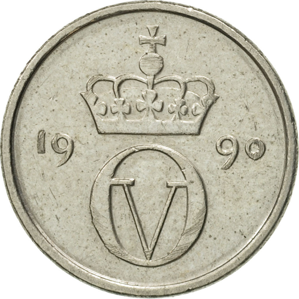 Moneta, Norvegia, Olav V, 10 Öre, 1990, BB+, Rame-nichel, KM:416