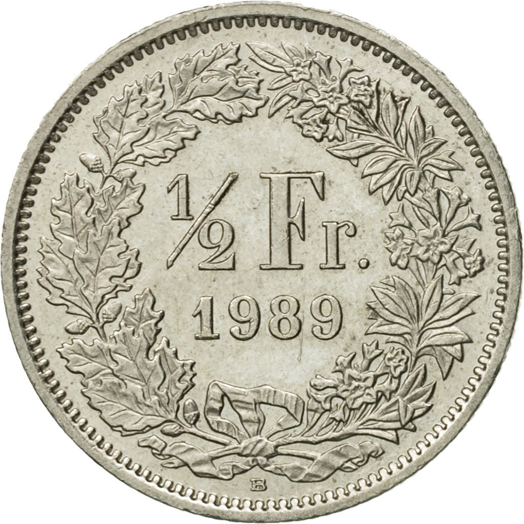 Moneta, Szwajcaria, 1/2 Franc, 1989, Bern, EF(40-45), Miedź-Nikiel, KM:23a.3