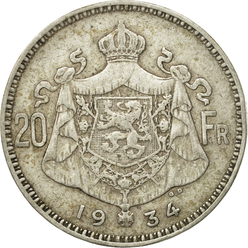 Coin, Belgium, 20 Francs, 20 Frank, 1934, EF(40-45), Silver, KM:104.1