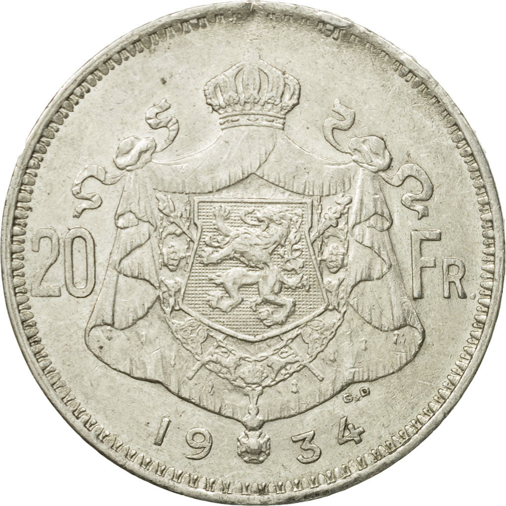 Coin, Belgium, 20 Francs, 20 Frank, 1934, AU(50-53), Silver, KM:104.1