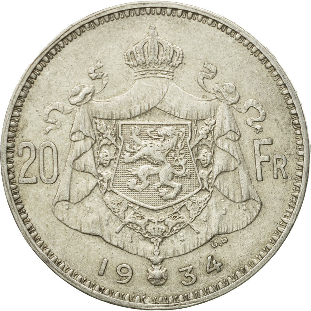 Coin, Belgium, 20 Francs, 20 Frank, 1934, AU(50-53), Silver, KM:104.1