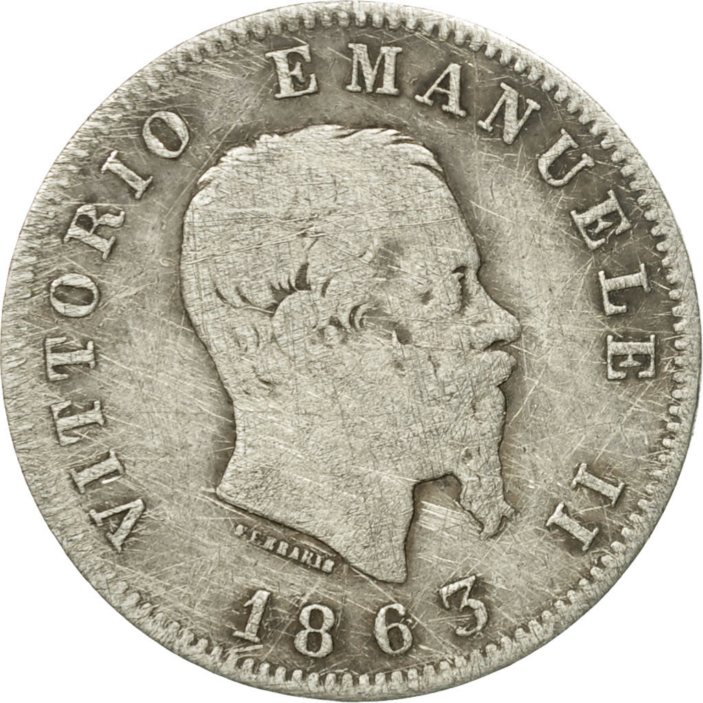 Moneda, Italia, Vittorio Emanuele II, Lira, 1863, Milan, BC+, Plata, KM:15.1