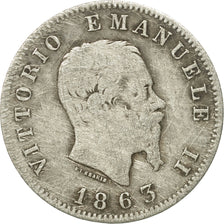 Moneda, Italia, Vittorio Emanuele II, Lira, 1863, Milan, BC+, Plata, KM:15.1