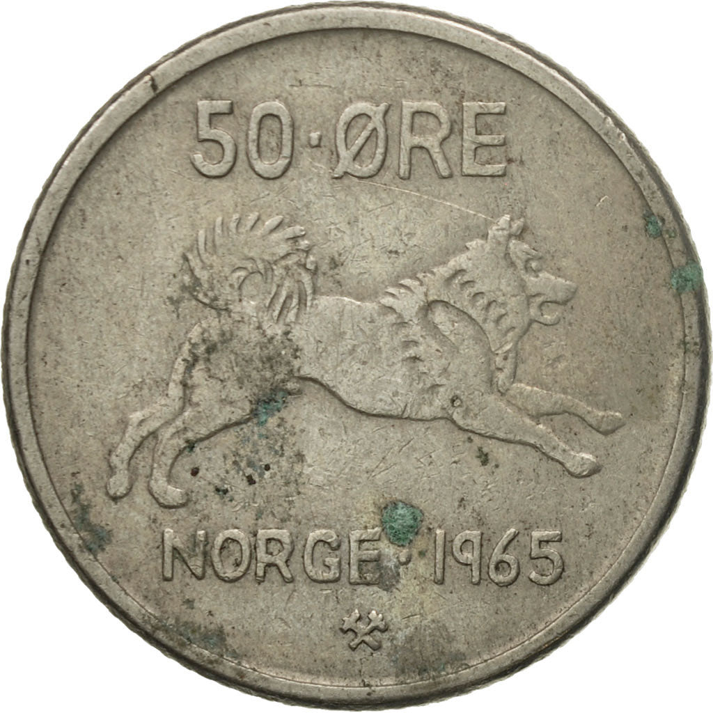 Coin, Norway, Olav V, 50 Öre, 1965, VF(20-25), Copper-nickel, KM:408