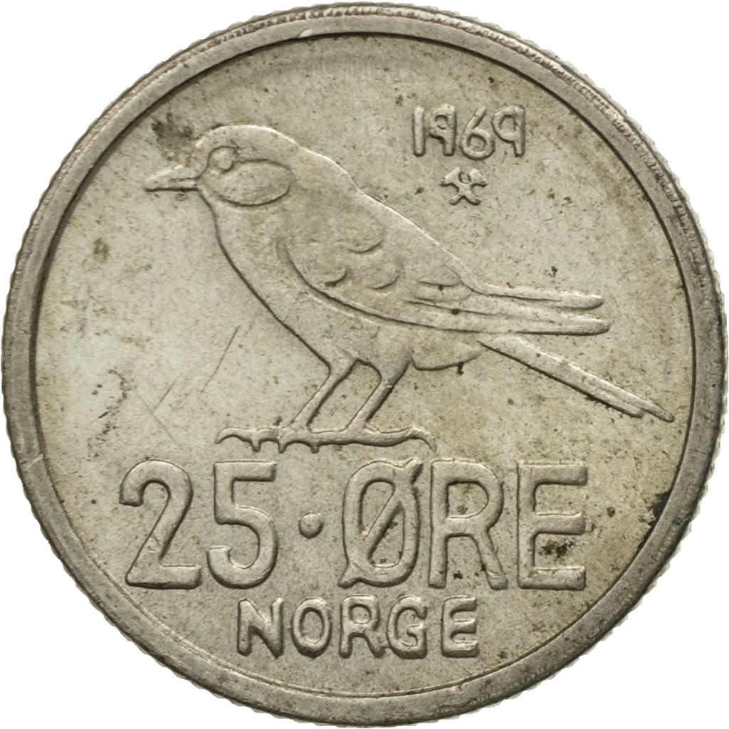Coin, Norway, Olav V, 25 Öre, 1969, VF(30-35), Copper-nickel, KM:407