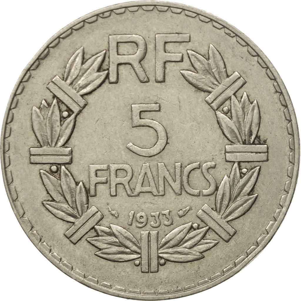 Moneda, Francia, Lavrillier, 5 Francs, 1933, Paris, MBC+, Níquel, KM:888, Le