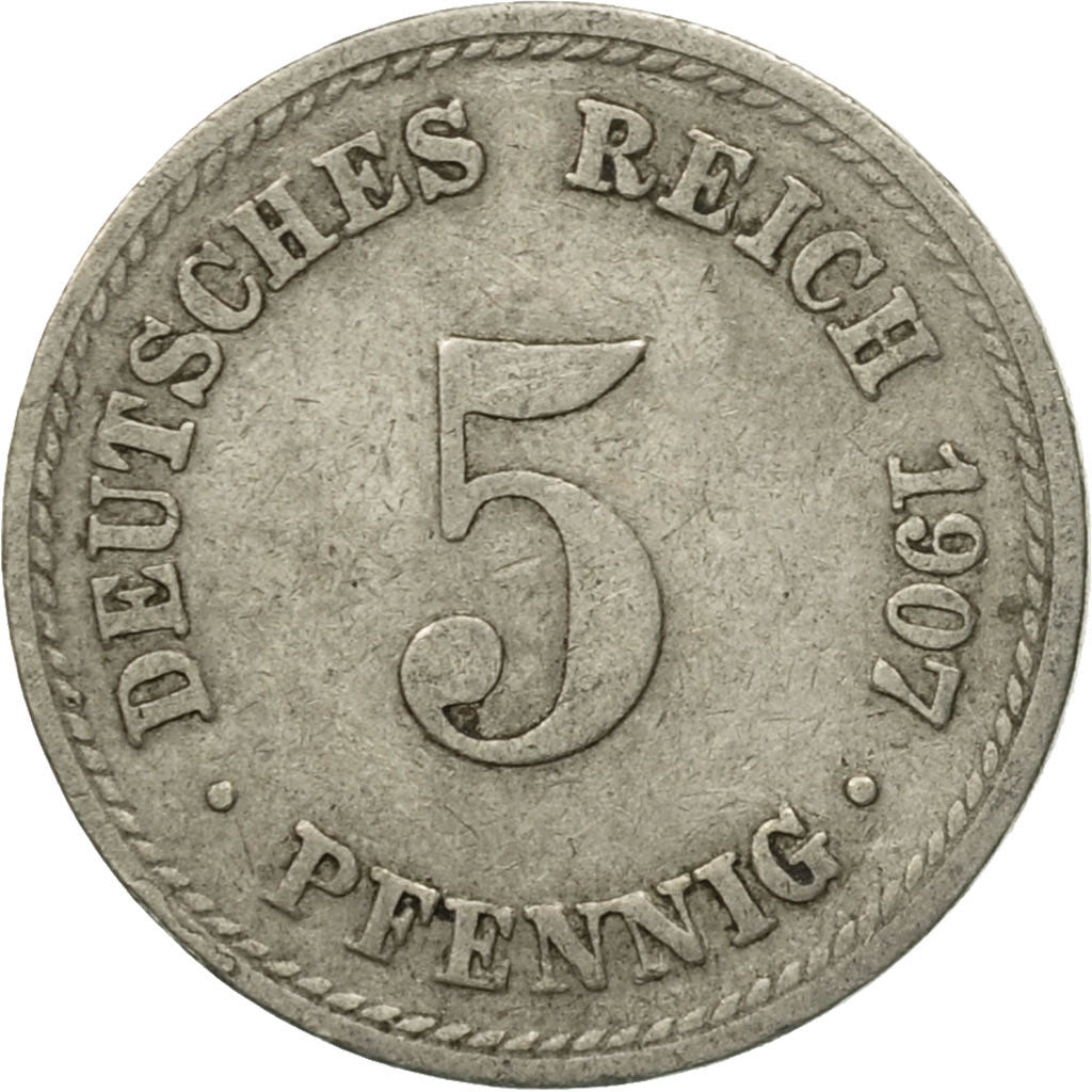 Moneda, ALEMANIA - IMPERIO, Wilhelm II, 5 Pfennig, 1907, Berlin, MBC, Cobre -