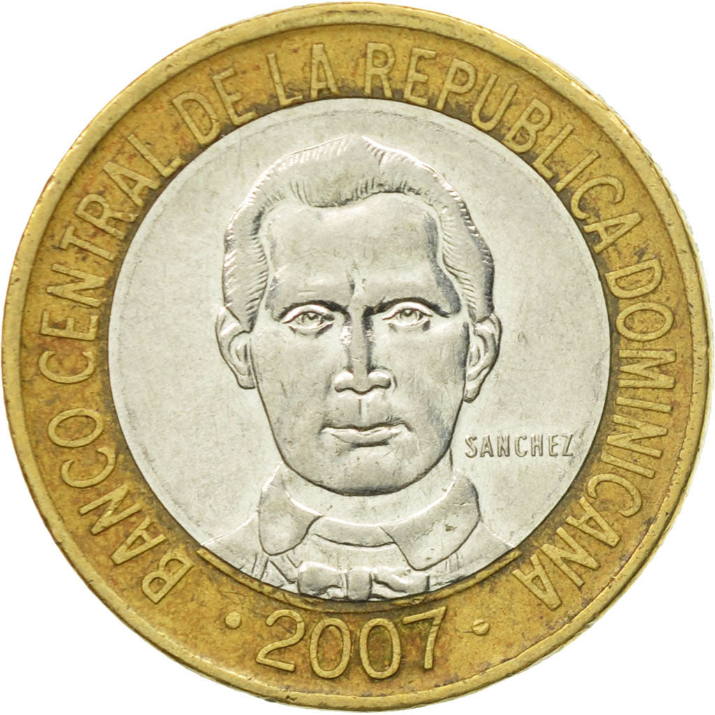 Moneda, República Dominicana, 5 Pesos, 2007, BC+, Bimetálico, KM:89