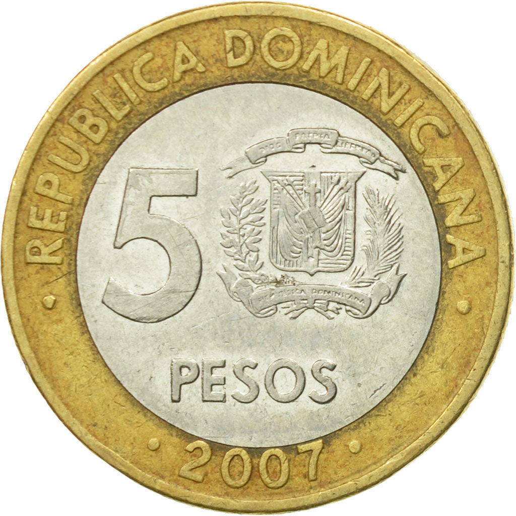 Moneda, República Dominicana, 5 Pesos, 2007, BC+, Bimetálico, KM:89