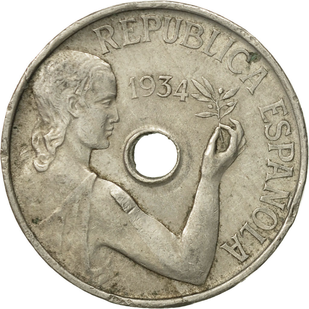 Coin, Spain, 25 Centimos, 1934, EF(40-45), Copper-nickel, KM:751