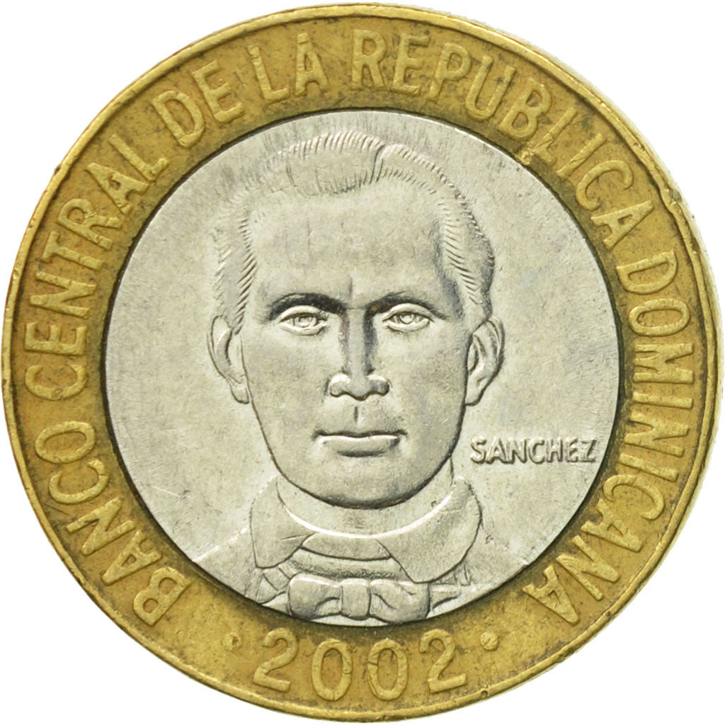 Moneta, Repubblica domenicana, 5 Pesos, 2002, BB+, Bi-metallico, KM:89