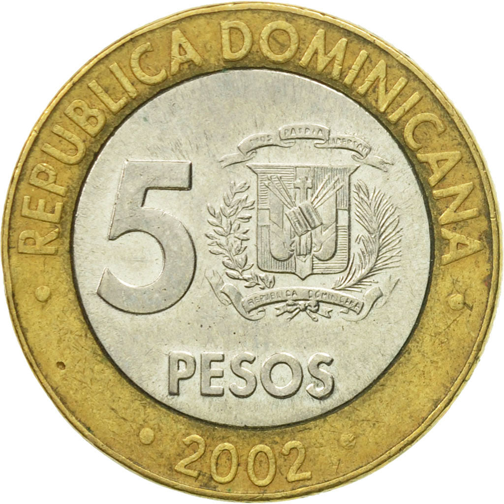 Moneta, Repubblica domenicana, 5 Pesos, 2002, BB+, Bi-metallico, KM:89
