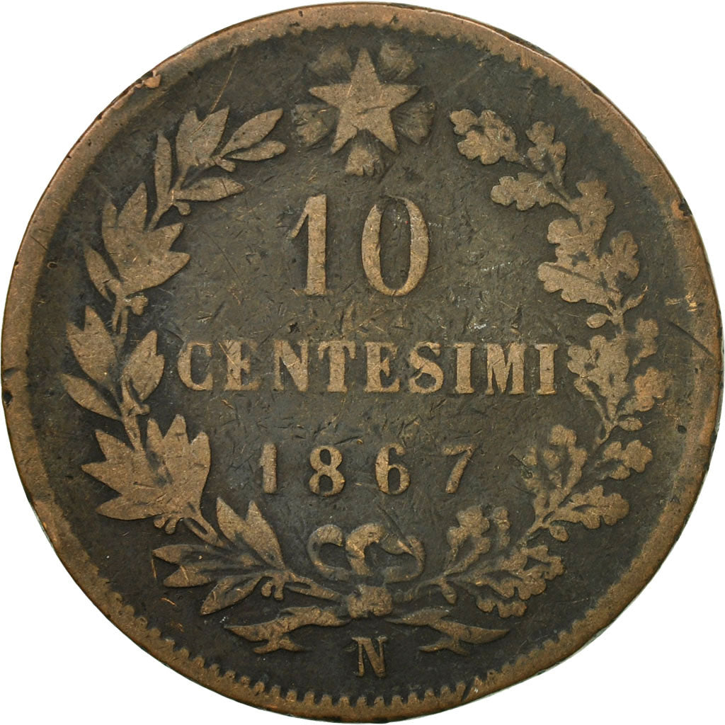Coin, Italy, Vittorio Emanuele II, 10 Centesimi, 1867, Naples, F(12-15), Copper