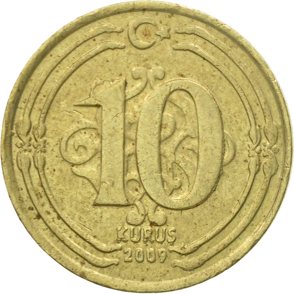 Coin, Turkey, 10 Kurus, 2009, EF(40-45), Brass, KM:1241