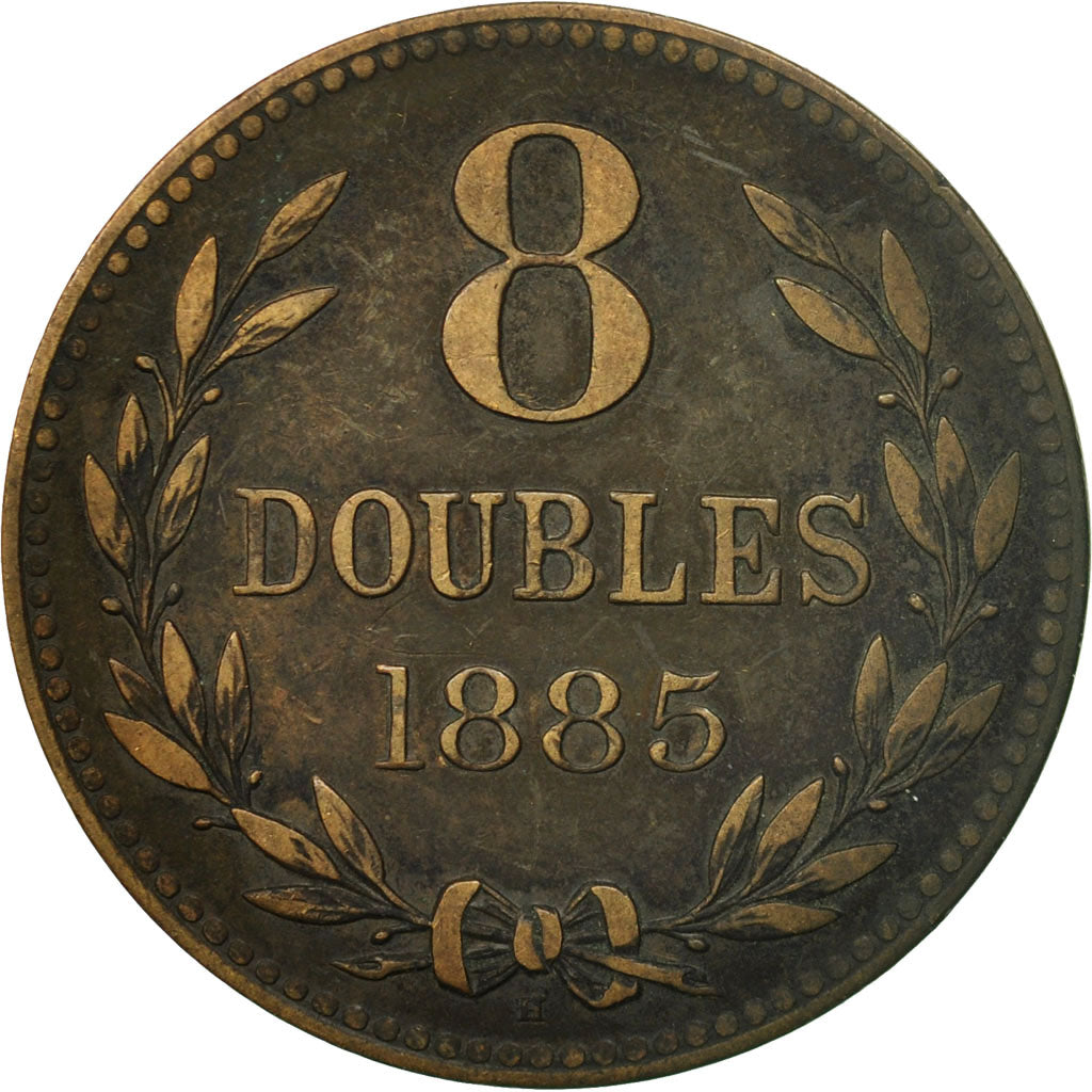 Coin, Guernsey, 8 Doubles, 1885, Heaton, Birmingham, AU(50-53), Bronze, KM:7