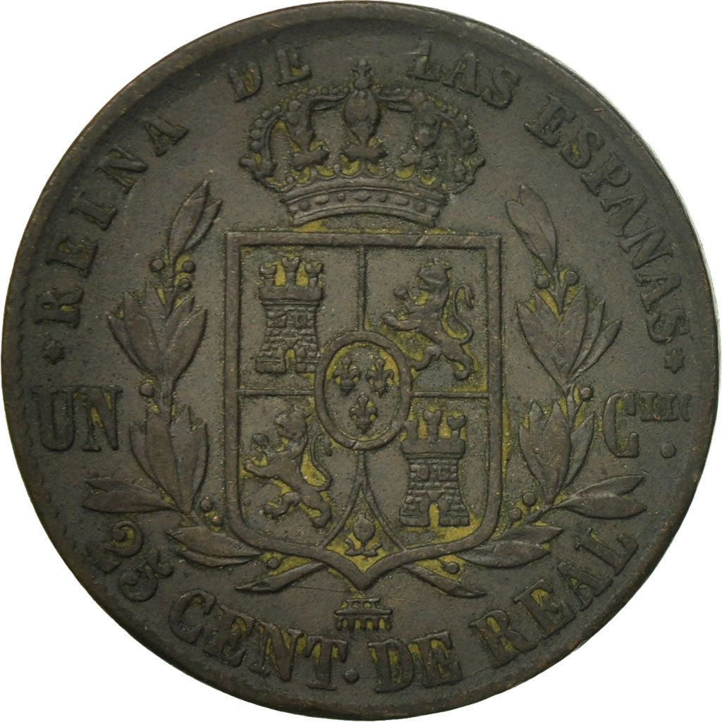 Coin, Spain, Isabel II, 25 Centimos, 1864, Segovia, EF(40-45), Copper, KM:615.2