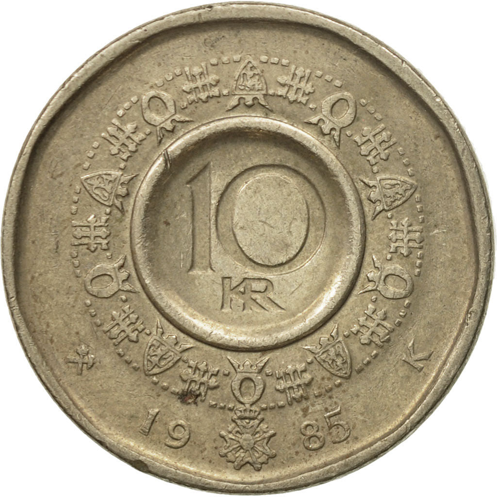 Moneta, Norwegia, Olav V, 10 Kroner, 1985, VF(30-35), Mosiądz niklowy, KM:427